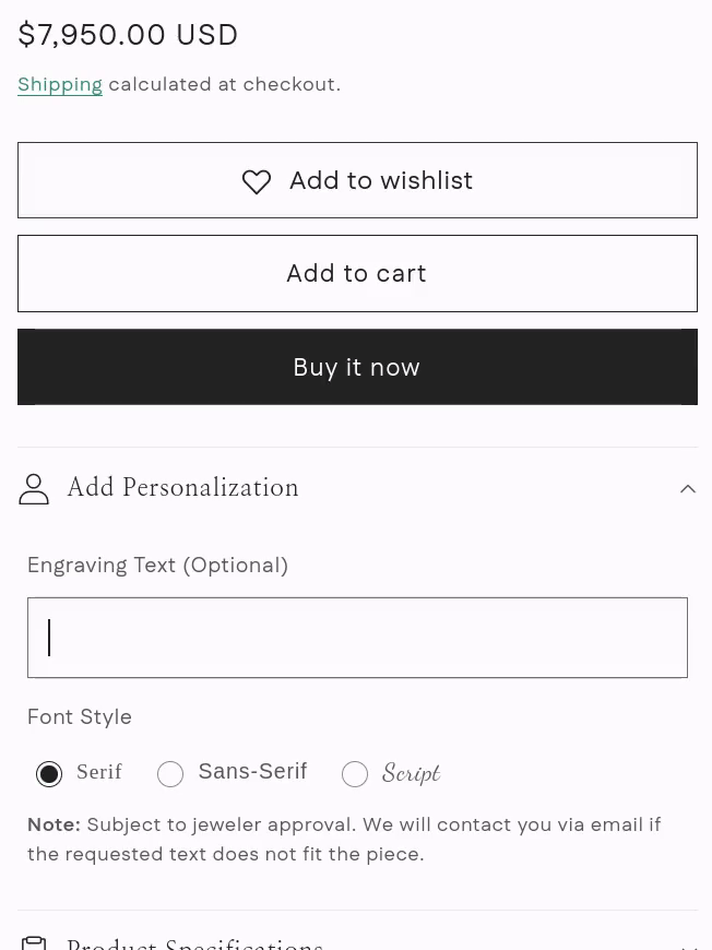 Final-sale notice appearing and disappearing as engraving text is entered and cleared